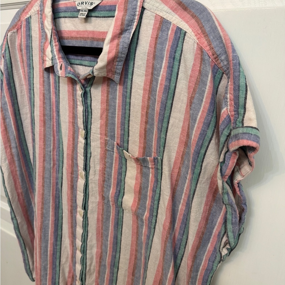 Orvis Women's Linen Blend Striped Button-Down Shirt - Pink, Blue, Green XXL. - Picture 3 of 6